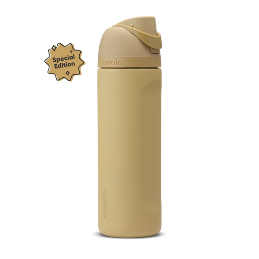 FreeSip 24oz Autumn Vista; warm sandy tan body with matching tan flip cap, lighter cream-tan carry loop, and tan lid