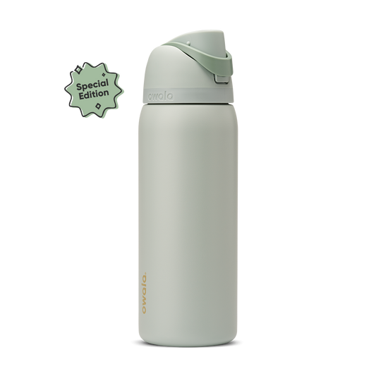 FreeSip 32oz Summer Paradise; soft sage green body with matching sage flip cap and carry loop