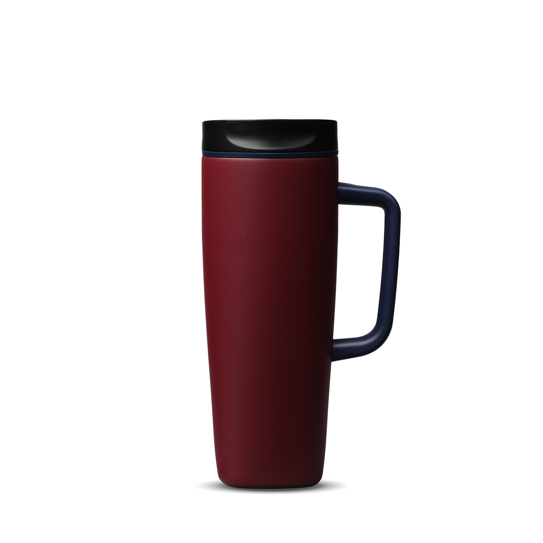 Owala SmoothSip Slider with Handle 24oz in Burgundy Bay, deep crimson insulated stainless steel body with black lid, purple slider button, and dark navy handle on right side